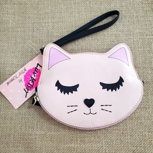 NWT Betsey Johnson Cat Coin Purse Wristlet 5"×7" Blush/Black